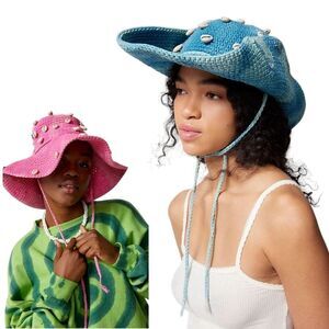 💯 Cotton Ombre Blue Foldable Crochet Wide Brim Sun Hat Faux Seashells Accents